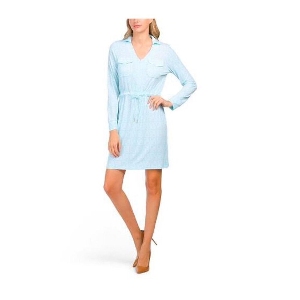 Calvin Klein Womens Blue Logo Long Sleeve Drawstring Collared Dress Sz 12 New